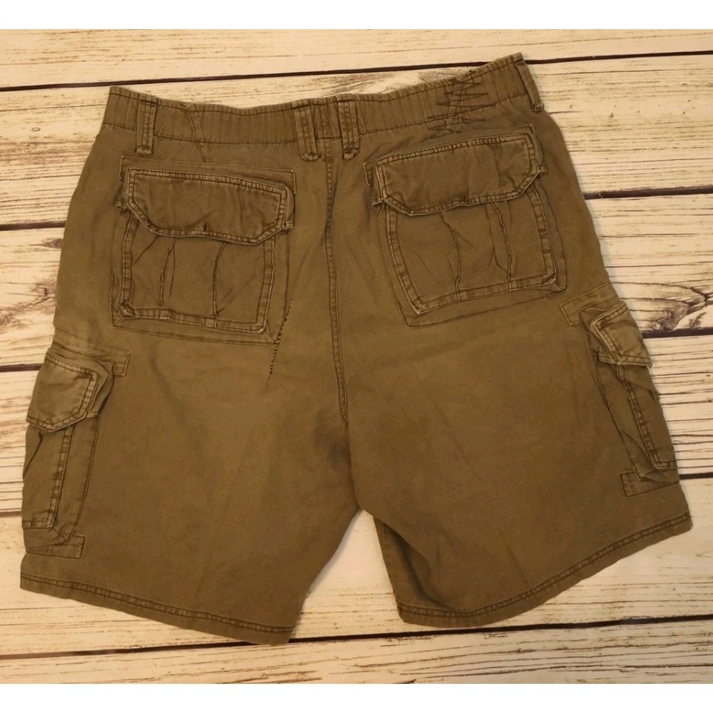 Trailer Men's 36 Cargo Shorts Khaki Olive Drawstring Zip 55% Linen 45% Cotton - Picture 2 of 5